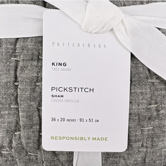 Pottery Barn Pickstitch Sham King Light Gray Linen Cotton Pillow Cover NWT - Picture 2 of 7